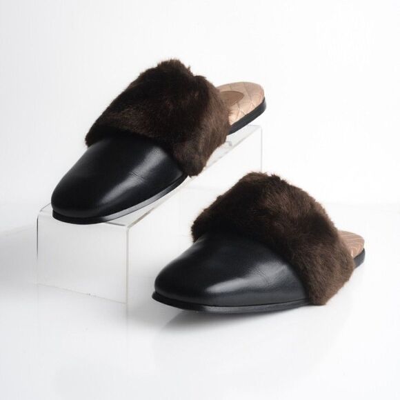 Gucci Mens Black Leather Mules Slippers Faux Fur Quilted Limed ed US 8.5 New